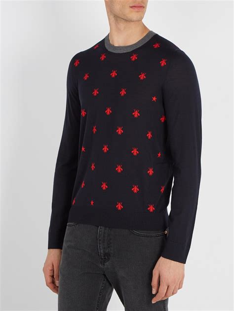 gucci navy bee design sweater men's|Gucci bee embroidered sweater.